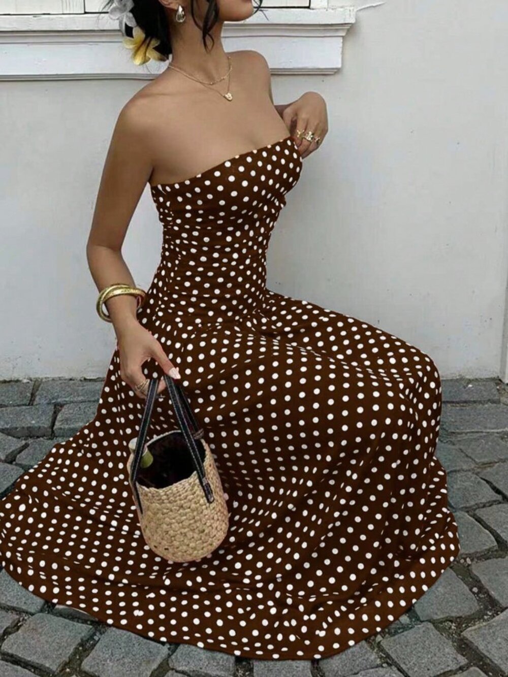Brown Casual Women's Polka Dot Waist Cinched Bandeau Maxi Sundress - Picture 6 of 6